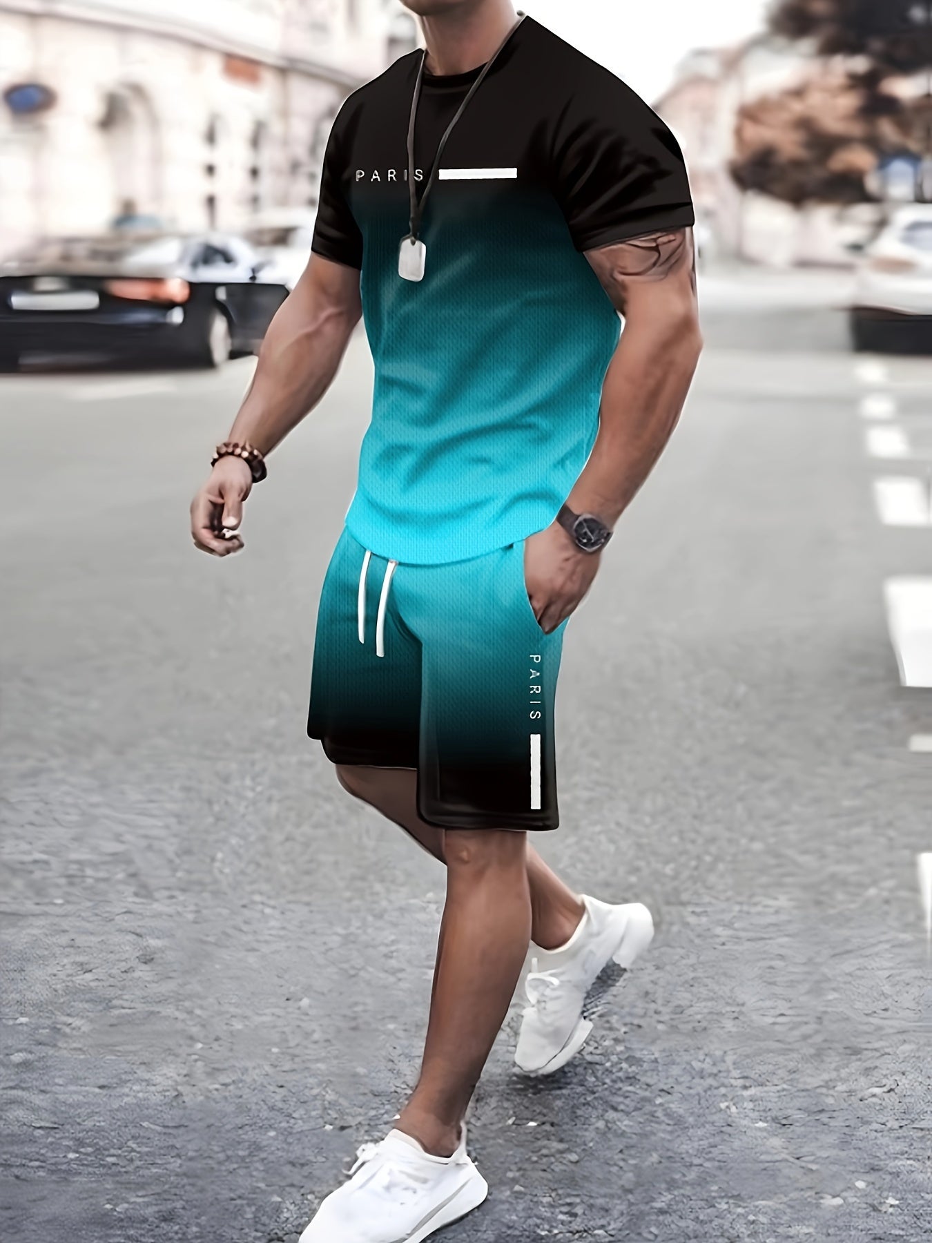 Men's Two-piece Set Of Gradient Color Tops And Shorts, Letter Print "PARIS" Crew Neck And Short Sleeve T-shirt And Shorts With Drawstring And Pockets, Casual And Trendy Set For Summer Outdoors Wear