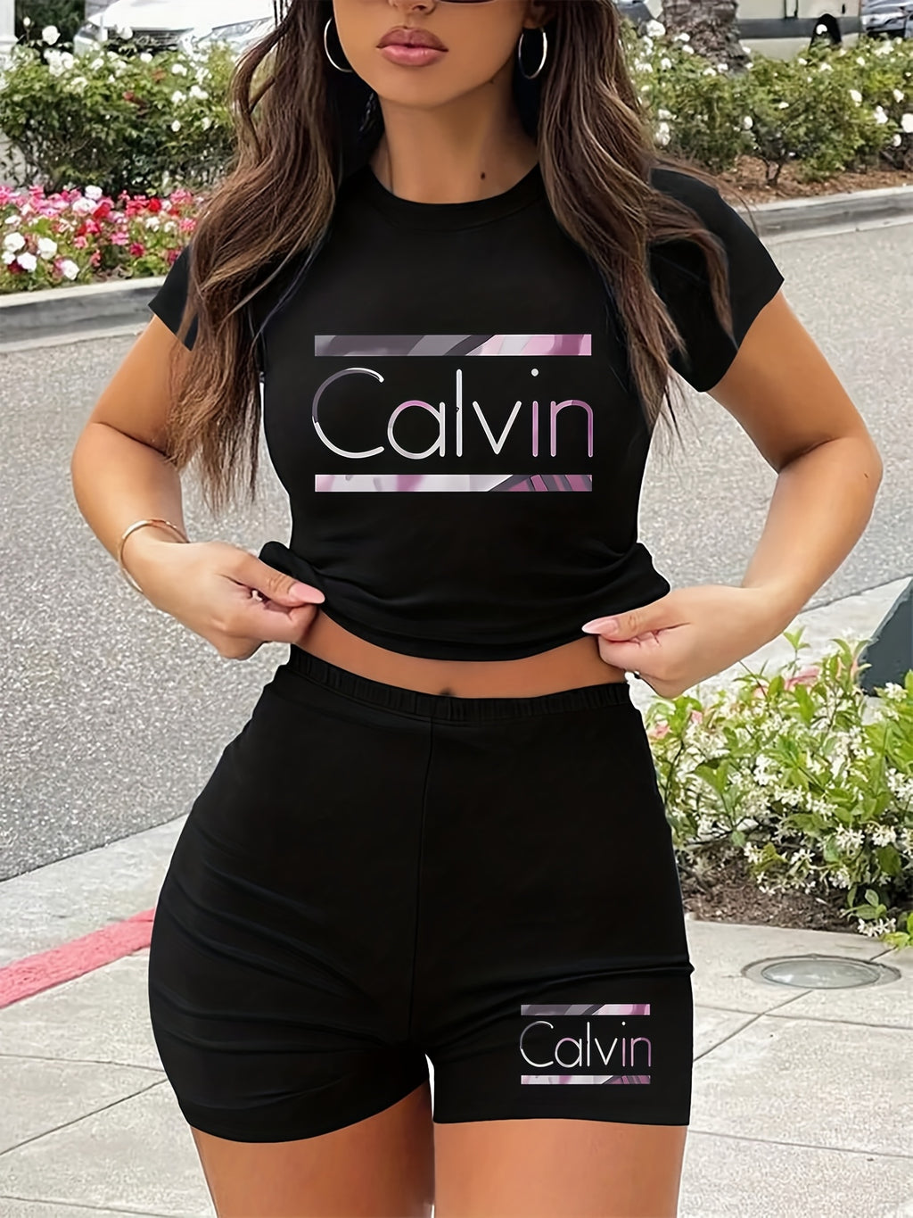 Women'S Calvin Print Red Two-Piece Casual Sportswear Set - Short Sleeve Crop Top & High-Waisted Shorts, Stretchy Polyester Blend, Round Neck, All-Season Comfort, High Waisted