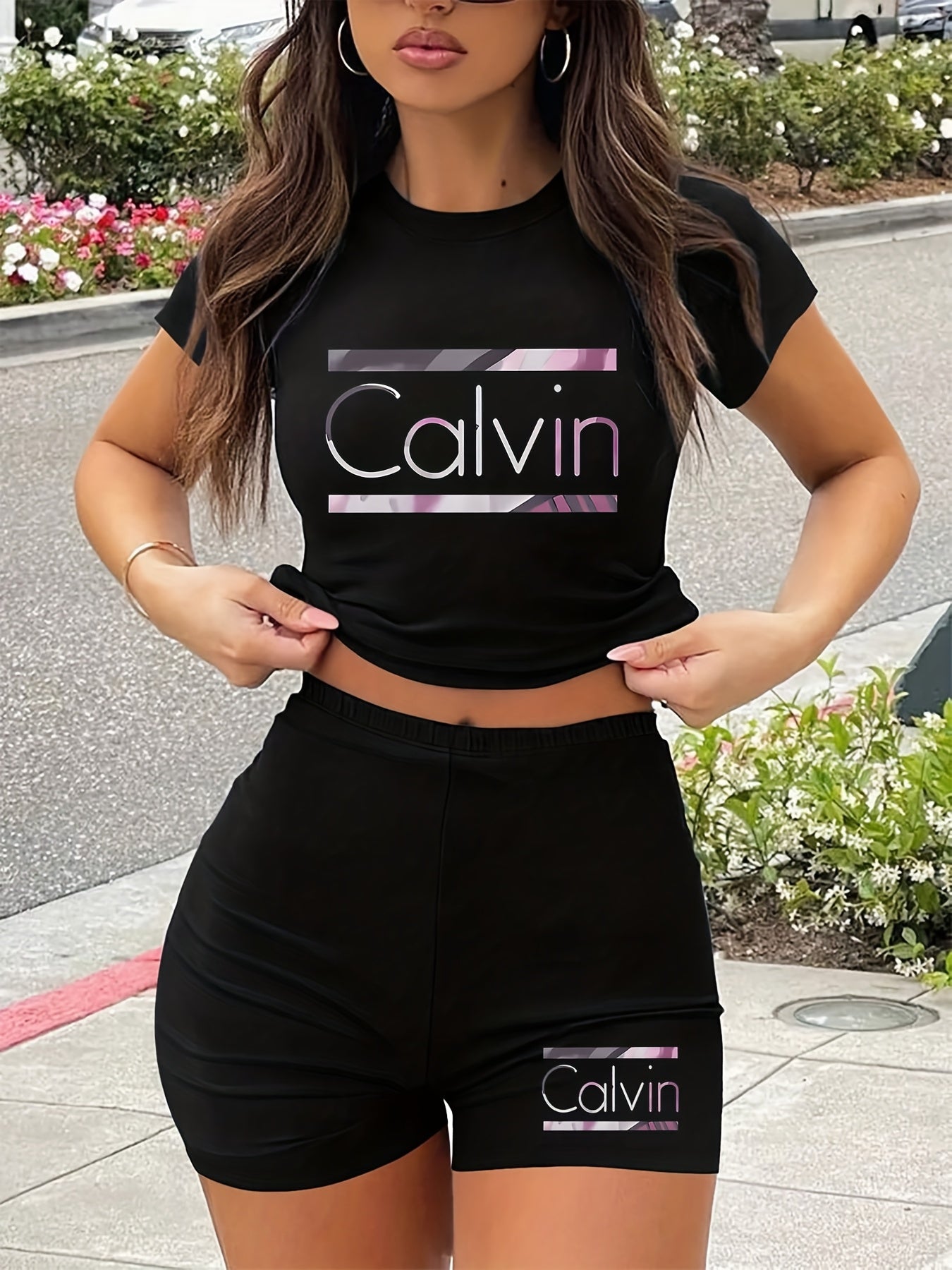 Women'S Calvin Print Red Two-Piece Casual Sportswear Set - Short Sleeve Crop Top & High-Waisted Shorts, Stretchy Polyester Blend, Round Neck, All-Season Comfort, High Waisted