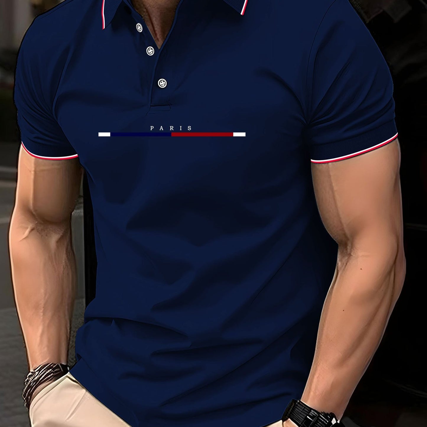 Men'S Stylish Black Polo Shirt with "PARIS" Print - Red & White Stripes, Casual Summer Wear, Breathable & Comfortable, Perfect for Outdoor Activities & Casual Events, Casual Summer Shirt|Stylish Casualwear|Comfortable Fit