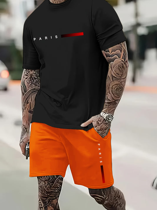 2Pcs Summer Comfy Outfits - Paris Pattern Print Short Sleeve Crew Neck T-shirt & Jogger Shorts Set for Men - Soft Slight Stretch Polyester Fabric, Regular Fit, Hand Washable, Casual Style
