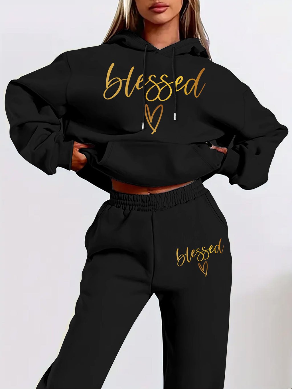 [Fleece-Lined | Casual Set] Fleece-Lined Women's Casual Hoodie & Pants Set - "Blessed" Graphic Print, Drawstring Waist, All-Season Comfort, Casual Attire, Wear, Style
