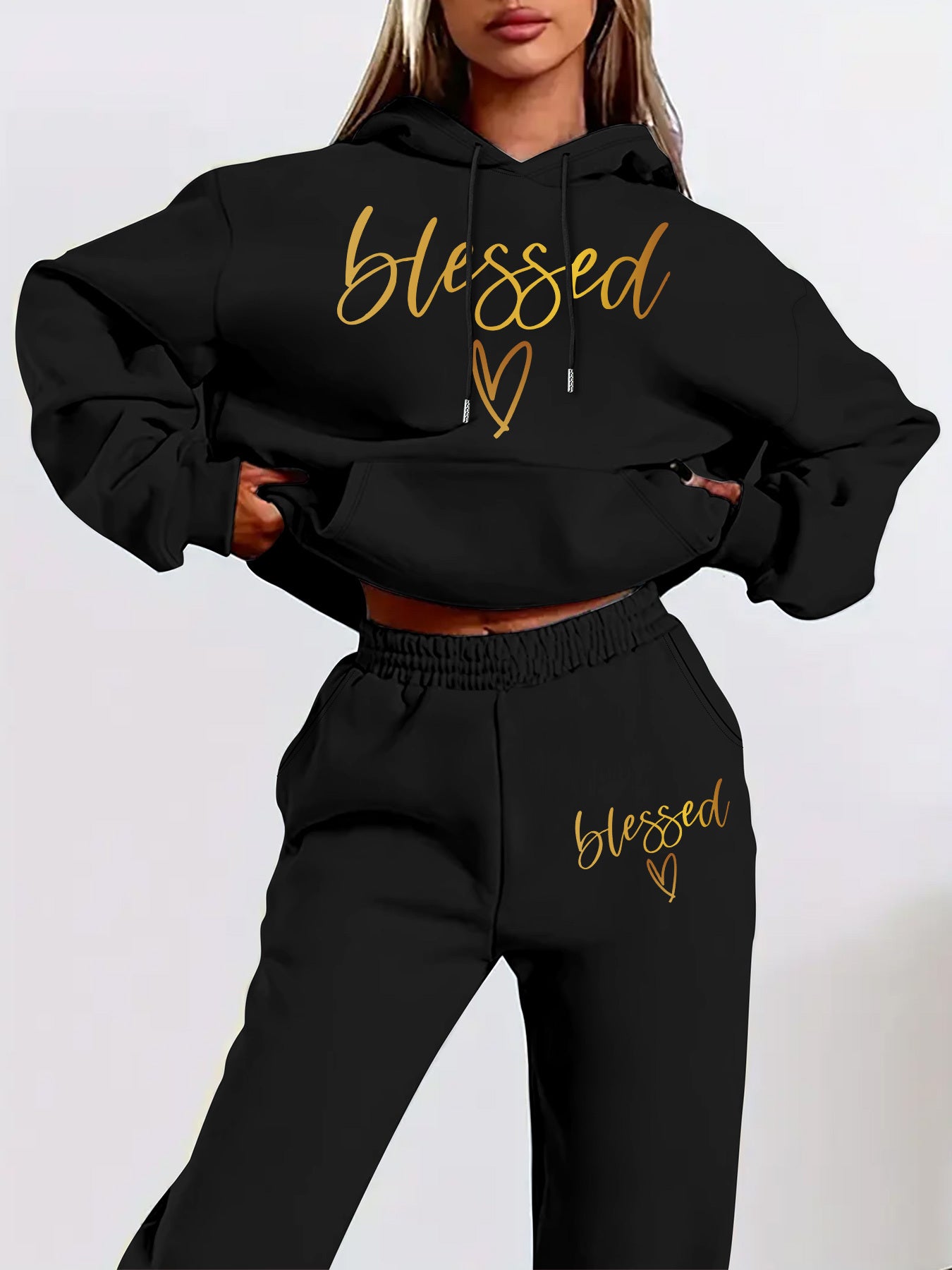 [Fleece-Lined | Casual Set] Fleece-Lined Women's Casual Hoodie & Pants Set - "Blessed" Graphic Print, Drawstring Waist, All-Season Comfort, Casual Attire, Wear, Style