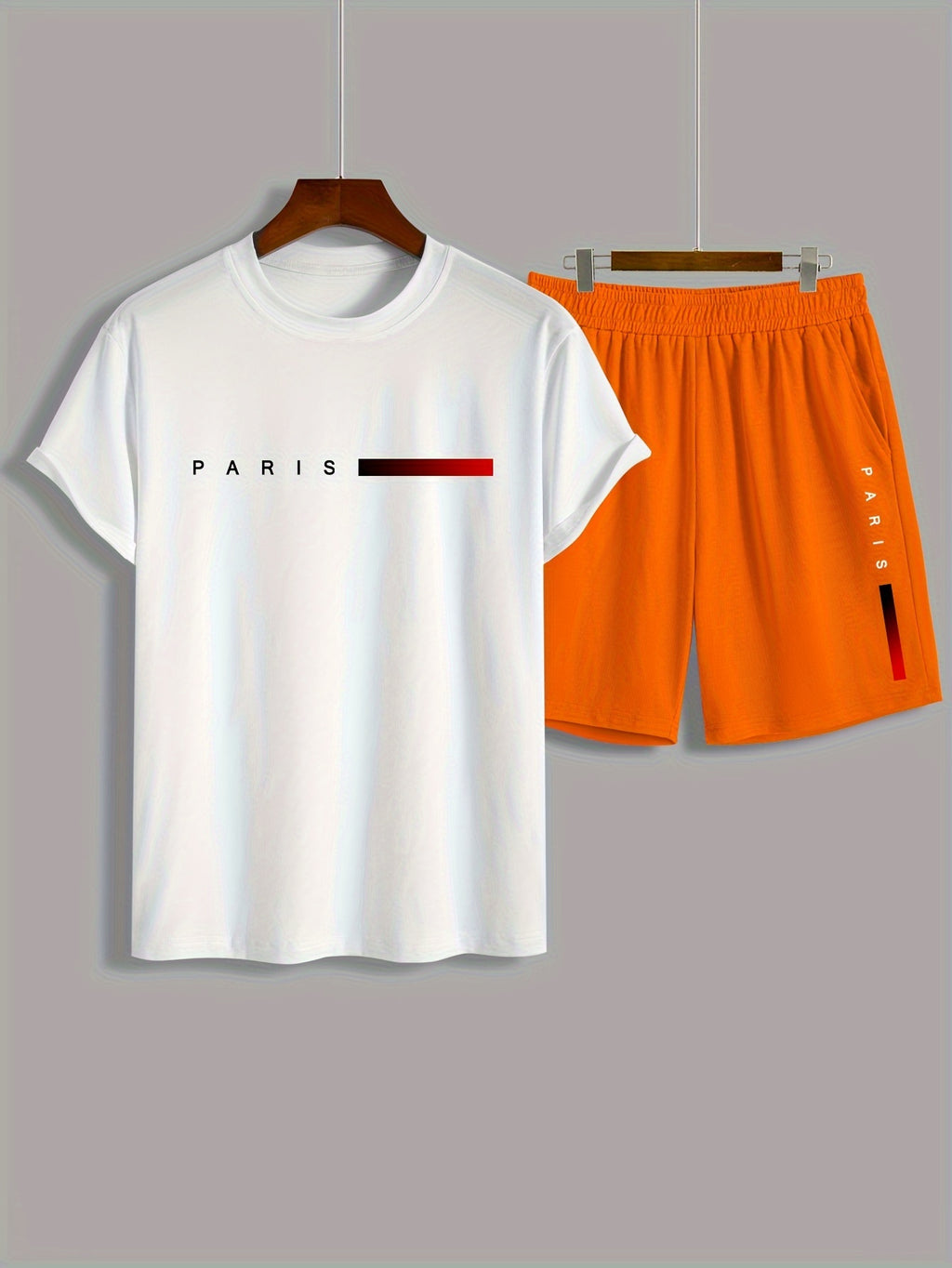 2Pcs Summer Comfy Outfits - Paris Pattern Print Short Sleeve Crew Neck T-shirt & Jogger Shorts Set for Men - Soft Slight Stretch Polyester Fabric, Regular Fit, Hand Washable, Casual Style