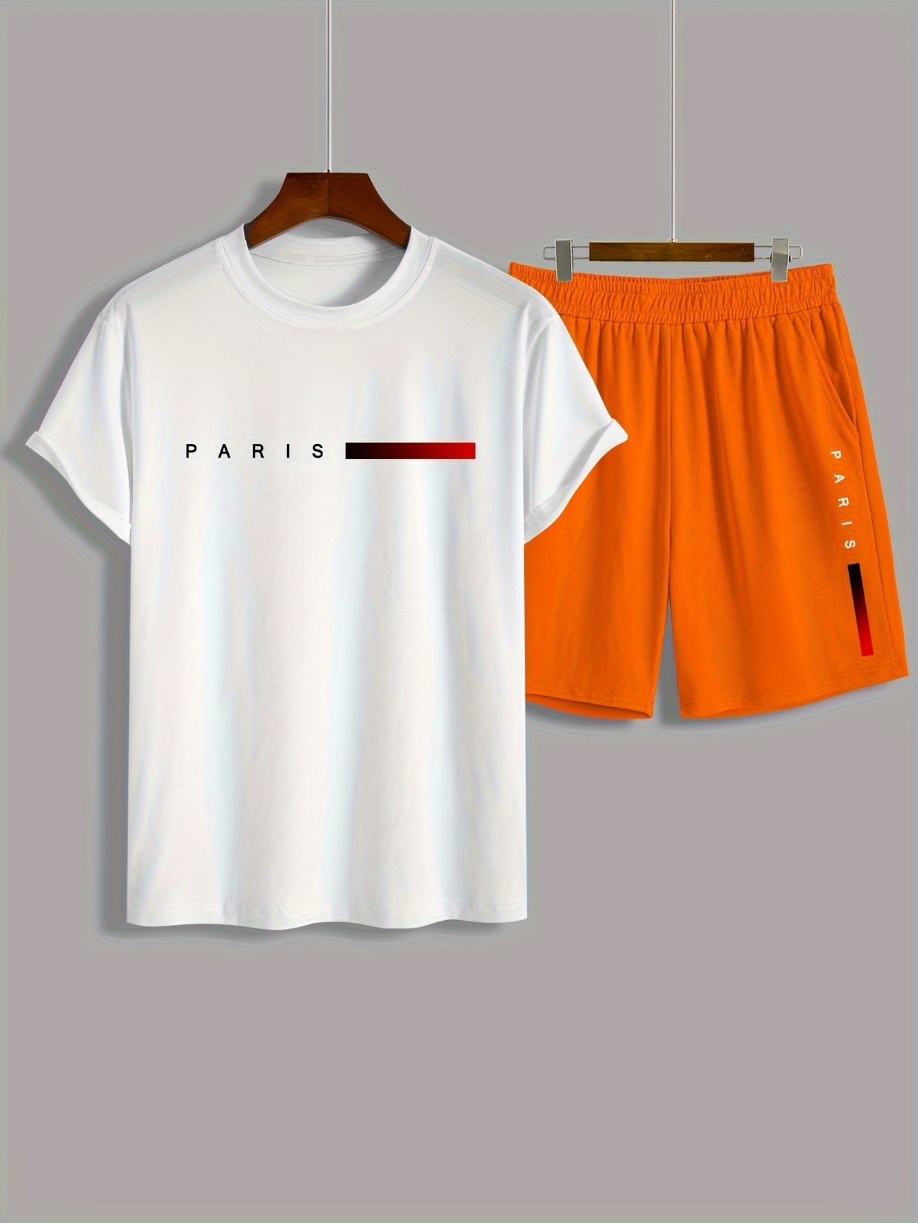 2Pcs Summer Comfy Outfits - Paris Pattern Print Short Sleeve Crew Neck T-shirt & Jogger Shorts Set for Men - Soft Slight Stretch Polyester Fabric, Regular Fit, Hand Washable, Casual Style