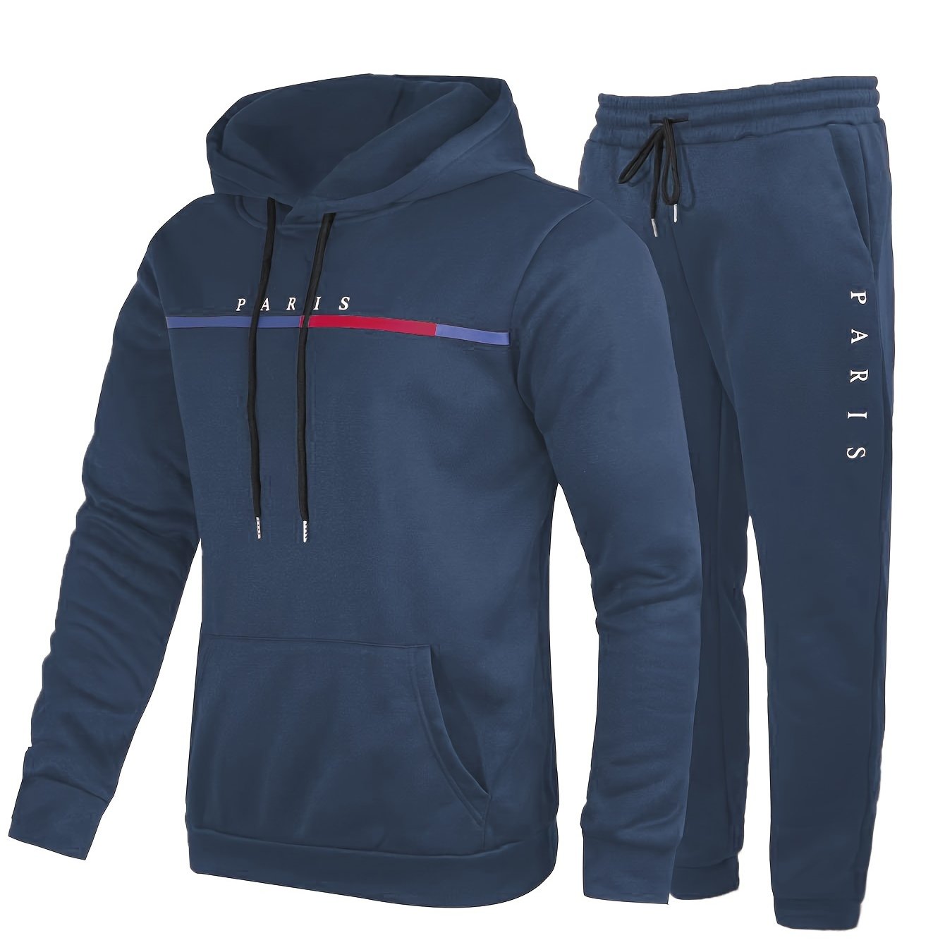 Paris Print, Men's 2Pcs Outfits, Casual Hoodies Long Sleeve Pullover Hooded Sweatshirt And Sweatpants Joggers Set For Spring Fall, Men's Clothing