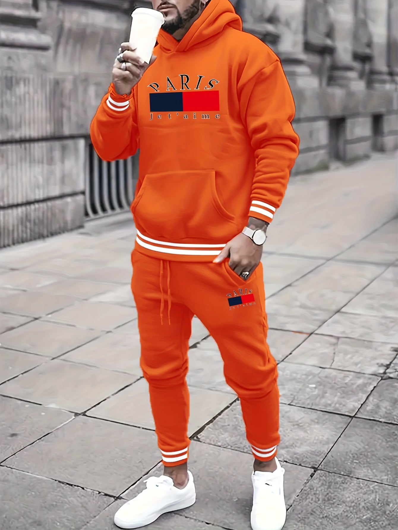 2-piece PARIS Print Men's Spring Fall Sports Outfit Set, Men's Hooded Sweatshirt With Kangaroo Pocket & Drawstring Sweatpants Set