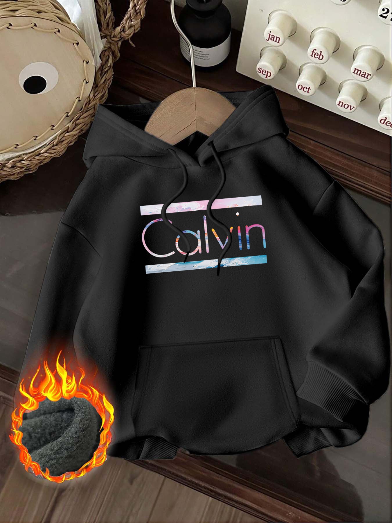 Women'S Calvin Graphic Hoodie - Cozy 250g Pullover with Colorful Letter Print, Casual Long Sleeve Hooded Sweatshirt for Casual Attire, Allseason Apparel | Trendy Casual Hoodie | Soft Texture Hoodie