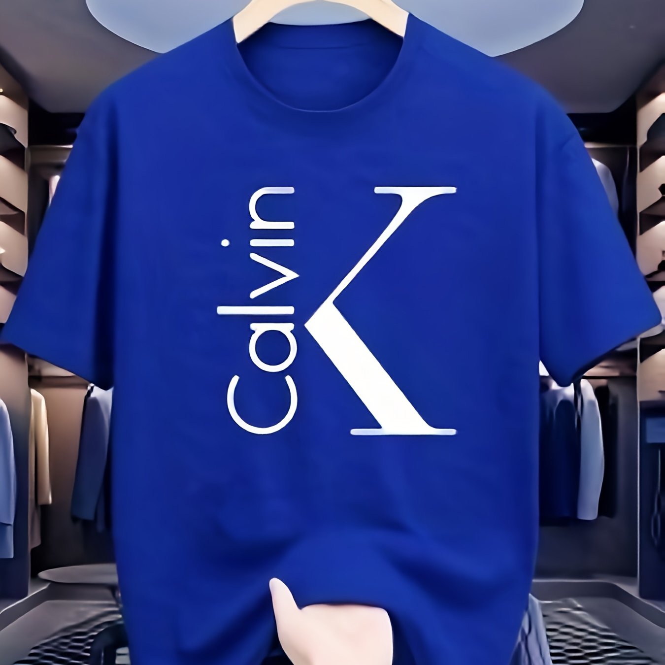 Men'S 180g Pure Cotton Business Casual T - Shirt, Featuring A Bold "Calvin" Print And Badge Design, Round - Neck Short - Sleeves, Versatile For Business, Perfect For Summer Daily Wear, Machine Washable, Suitable For All Seaso