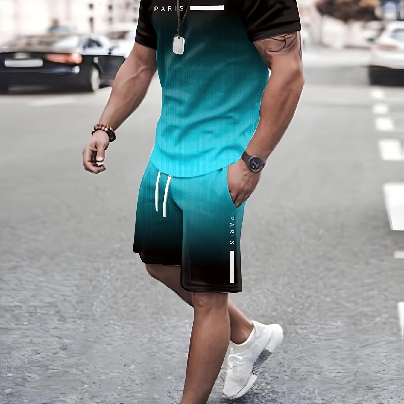 Men's Two-piece Set Of Gradient Color Tops And Shorts, Letter Print "PARIS" Crew Neck And Short Sleeve T-shirt And Shorts With Drawstring And Pockets, Casual And Trendy Set For Summer Outdoors Wear