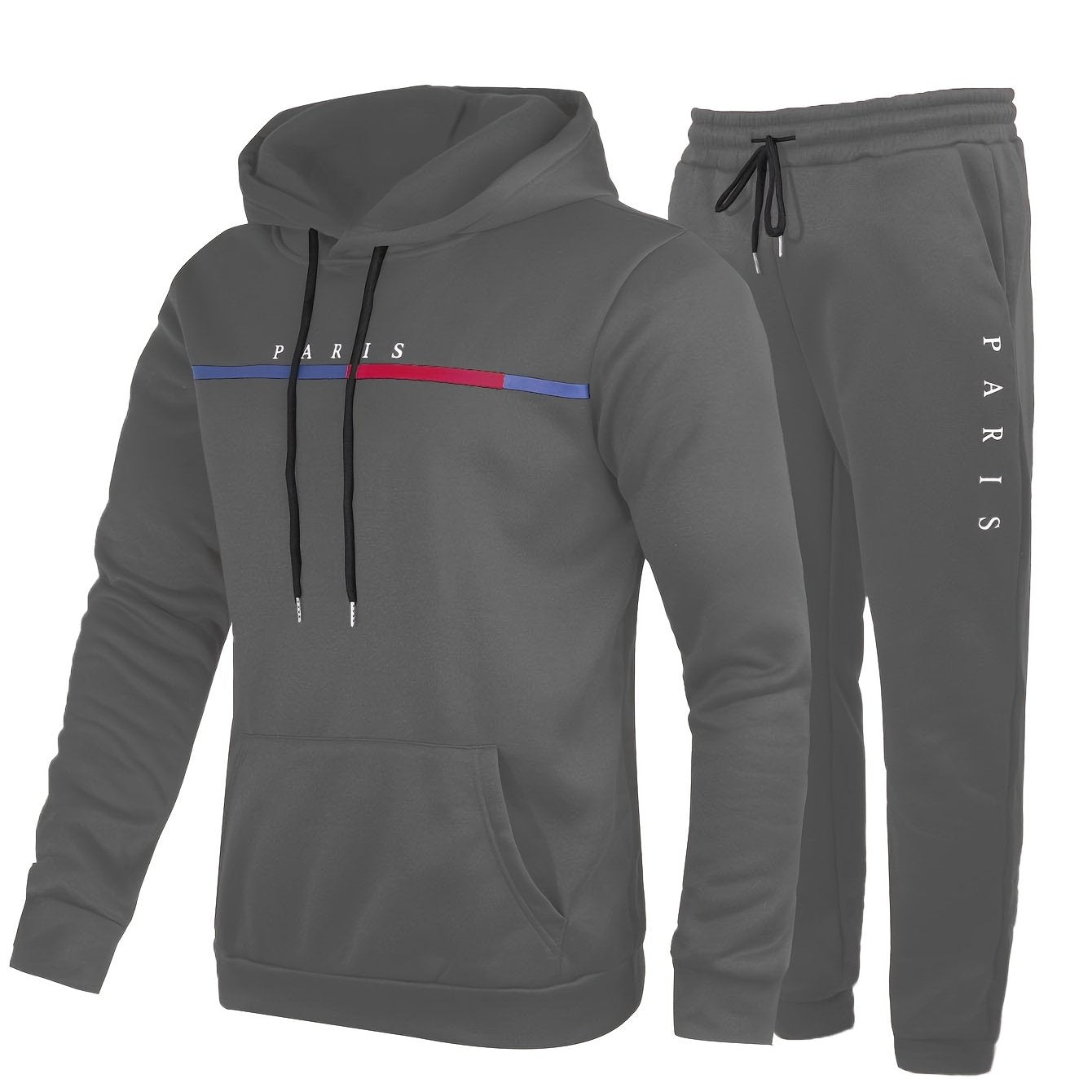 Paris Print, Men's 2Pcs Outfits, Casual Hoodies Long Sleeve Pullover Hooded Sweatshirt And Sweatpants Joggers Set For Spring Fall, Men's Clothing