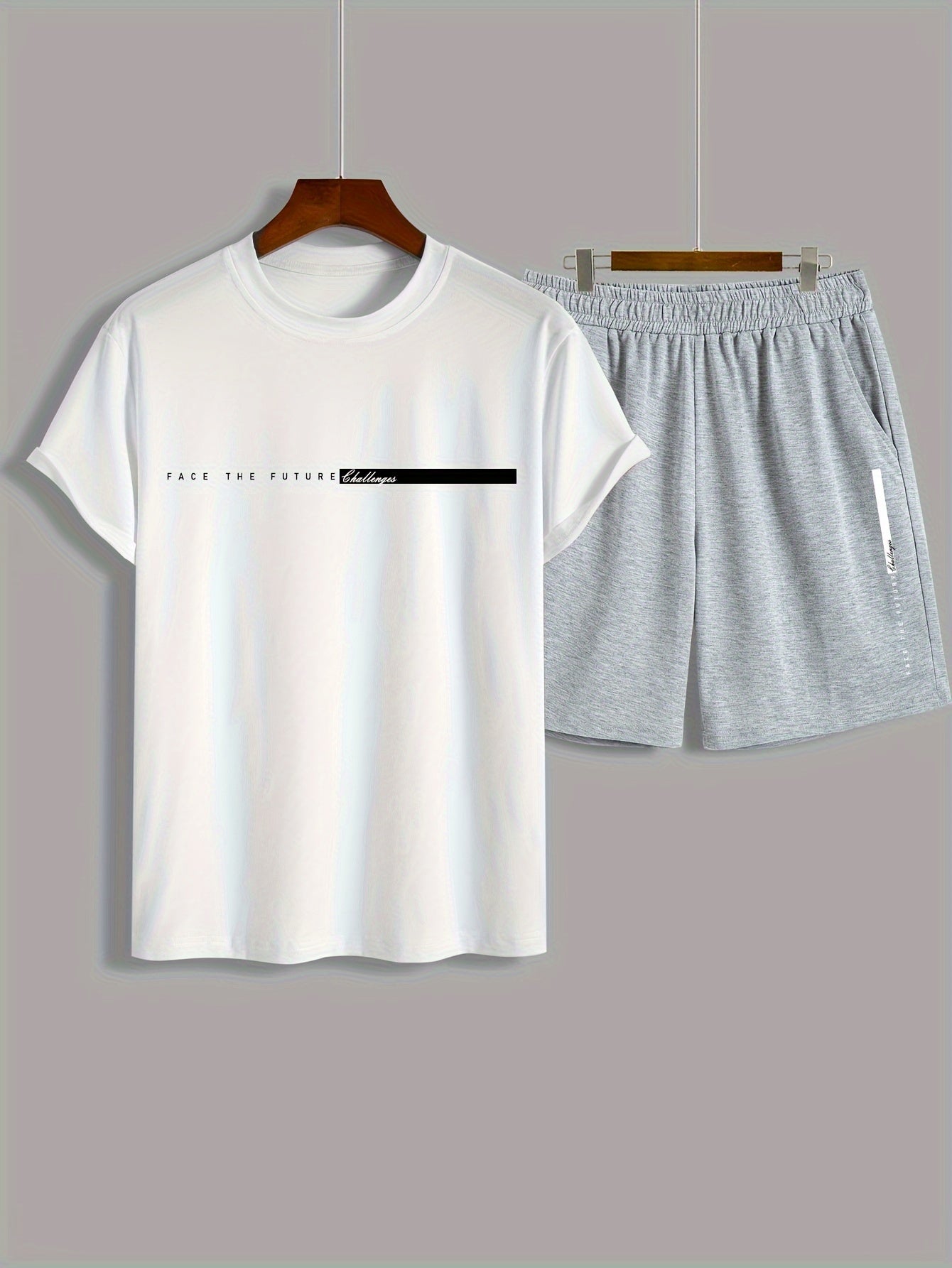 2Pcs Summer Comfy Outfits - Paris Pattern Print Short Sleeve Crew Neck T-shirt & Jogger Shorts Set for Men - Soft Slight Stretch Polyester Fabric, Regular Fit, Hand Washable, Casual Style