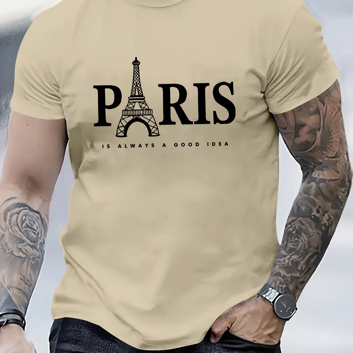 Paris Tower Printed Men's Casual Trendy Fashion Crew Neck T-shirt