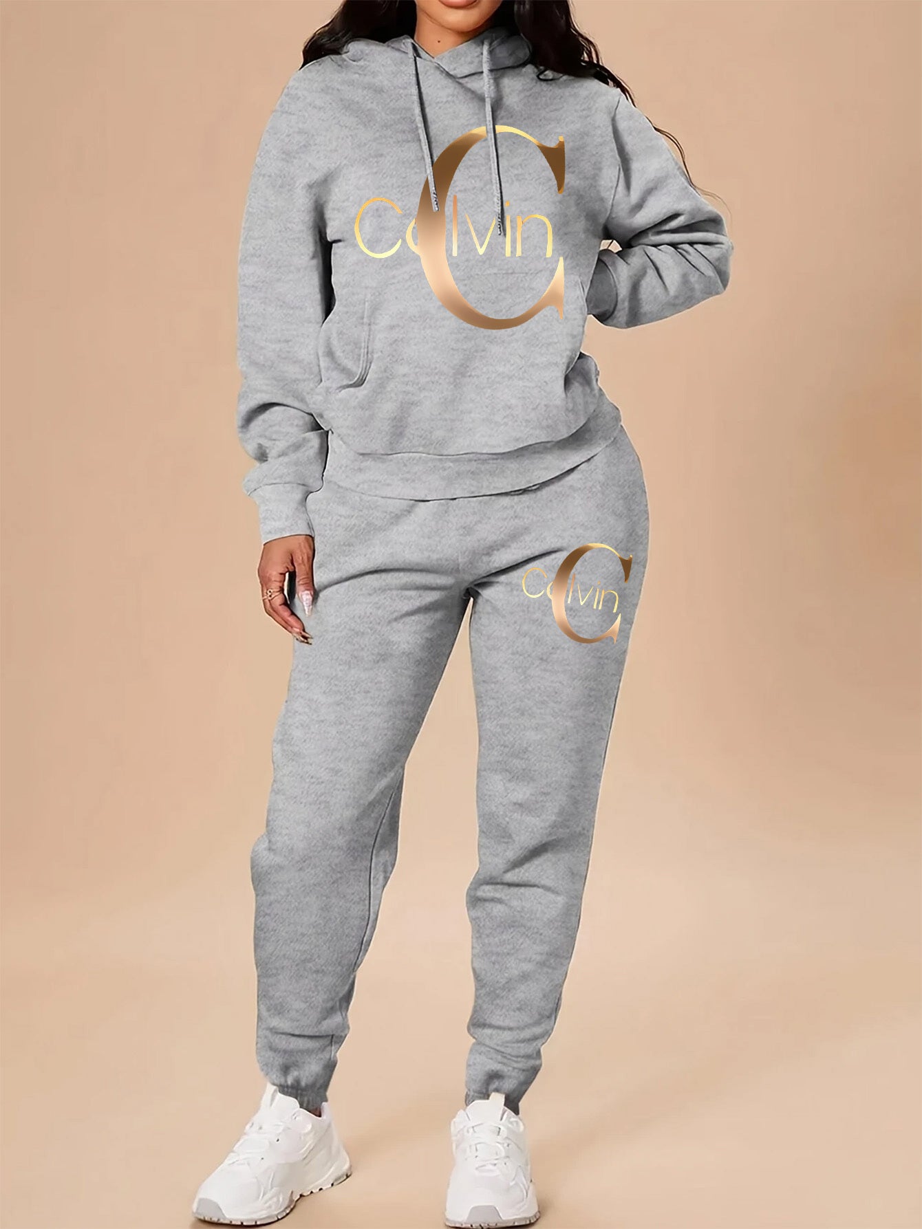 Women'S Calvin Letter Print Hoodie & Pants Set - Black with Golden Accents, Casual Style, All-Season Comfort, Casual Wear|Graphic Print Hoodie|Casual Style Pants, Sweatshirt & Pants Set