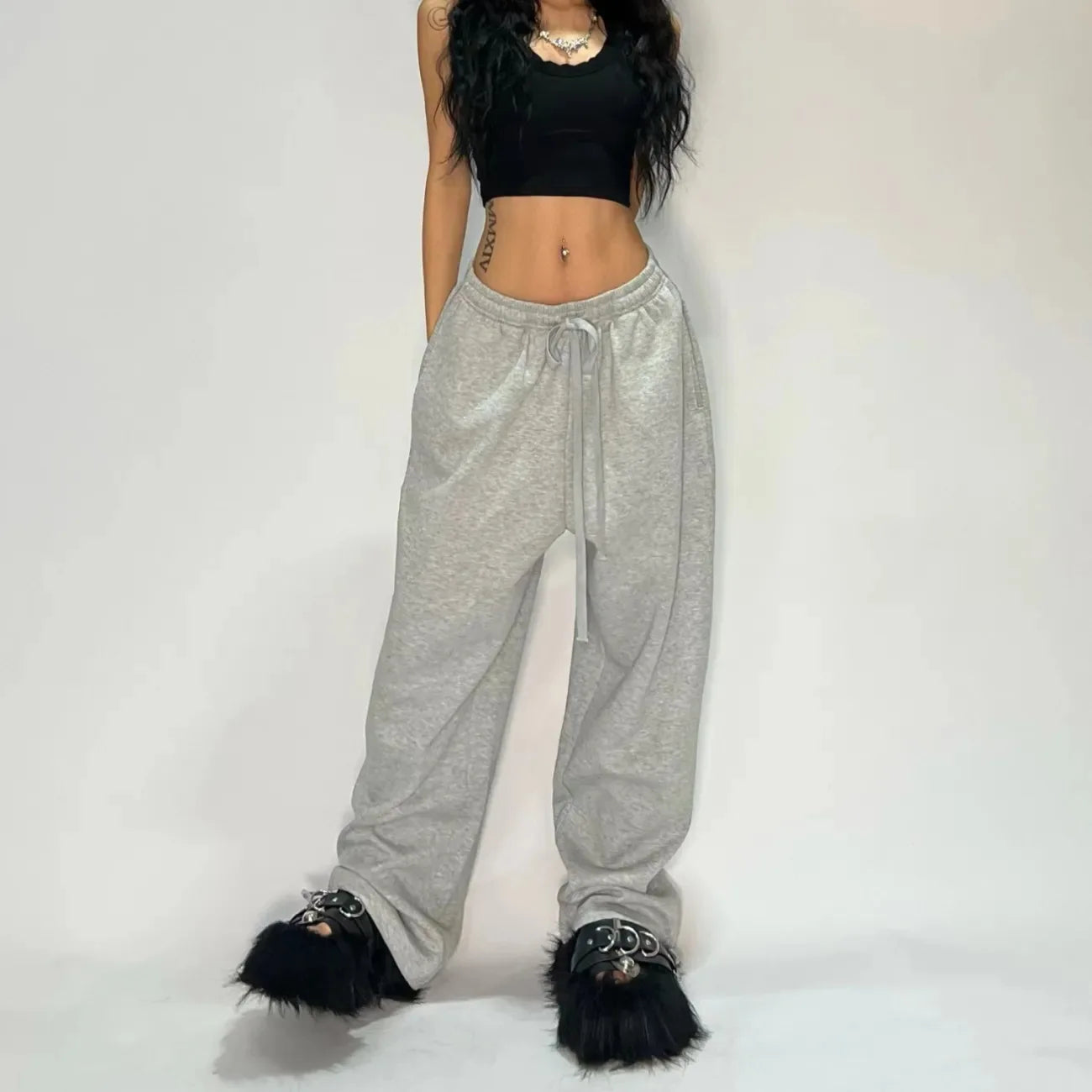 Y2k Embroidered Black Gray Casual Pants Men's Women's Premium Blended Material
