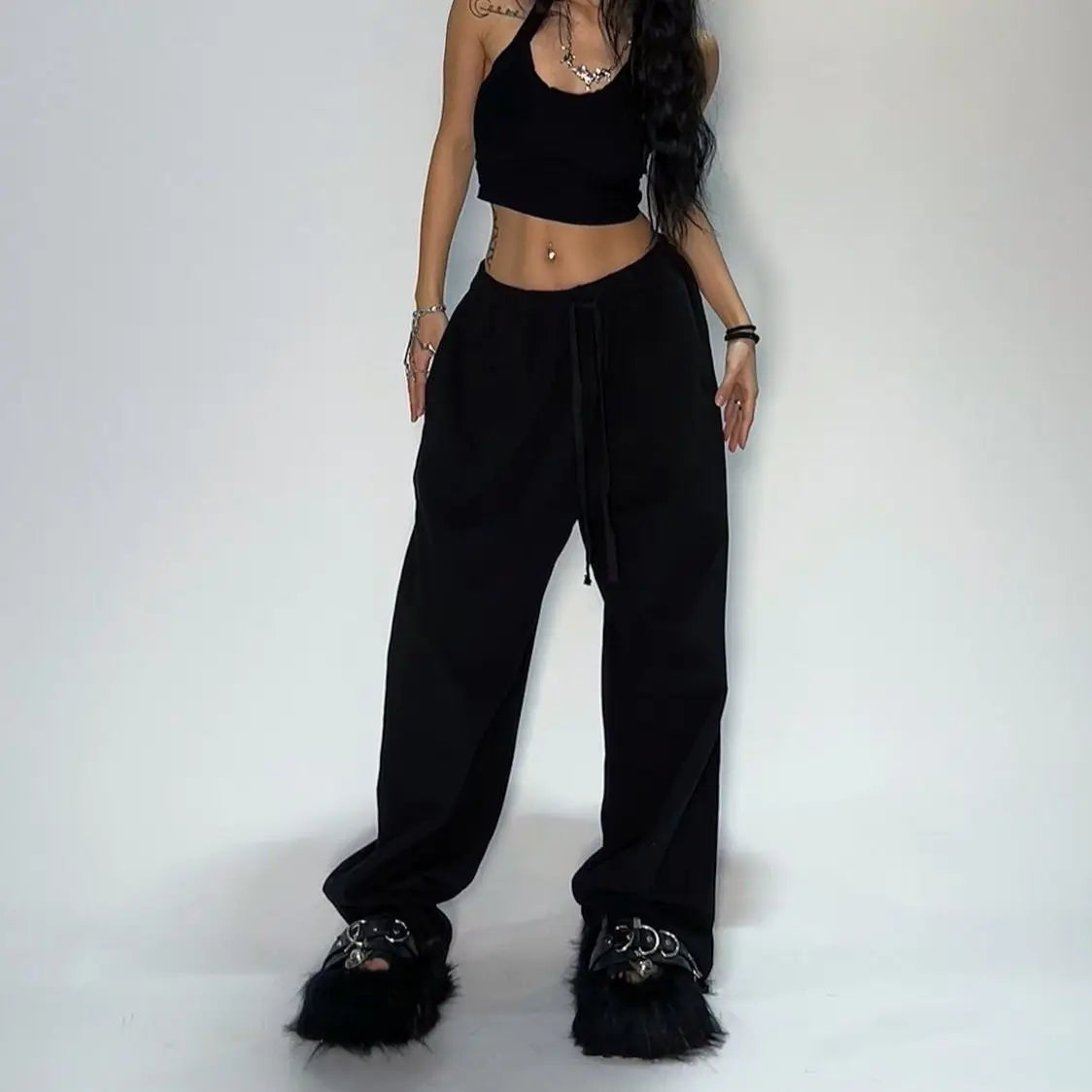 Y2k Embroidered Black Gray Casual Pants Men's Women's Premium Blended Material