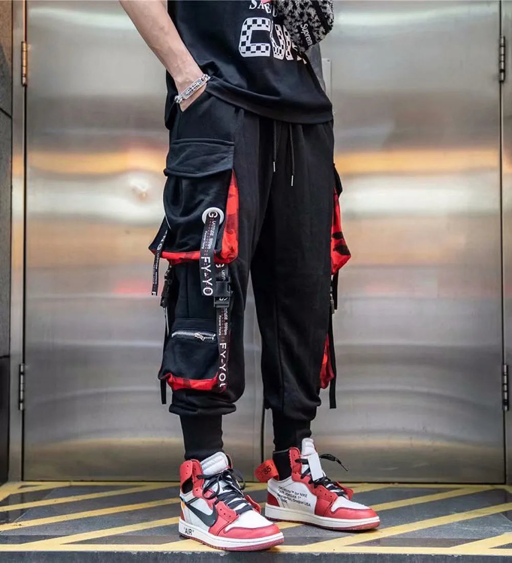 Joggers Cargo Pants for Men Casual Hip Hop Hit Color Pocket Male Trousers Sweatpants Streetwear Ribbons Techwear Pants