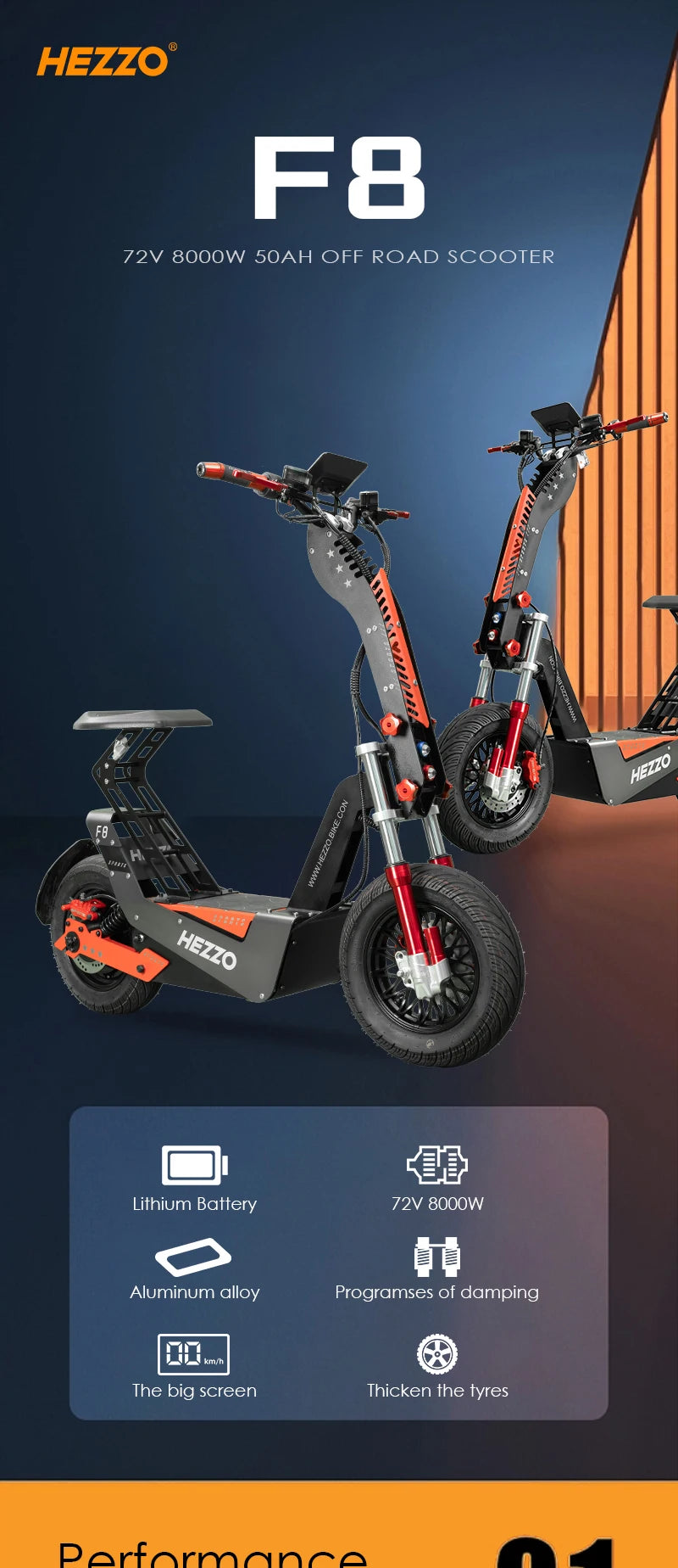 HEZZO F8 Electric Scooter 72V 100Km/h 50AH NFC 8000w Max 150Km Escooter 16INCH Fat Tire Off Road Moped Scooter US Warehouse