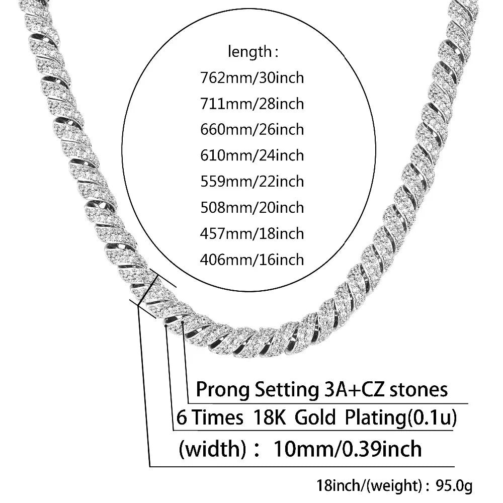 JINAO New Fashion10mm Gold Silver Color Columnar buckle twist chain  Plated Iced Out Cubic Zircon Cuban Links Men's Necklace