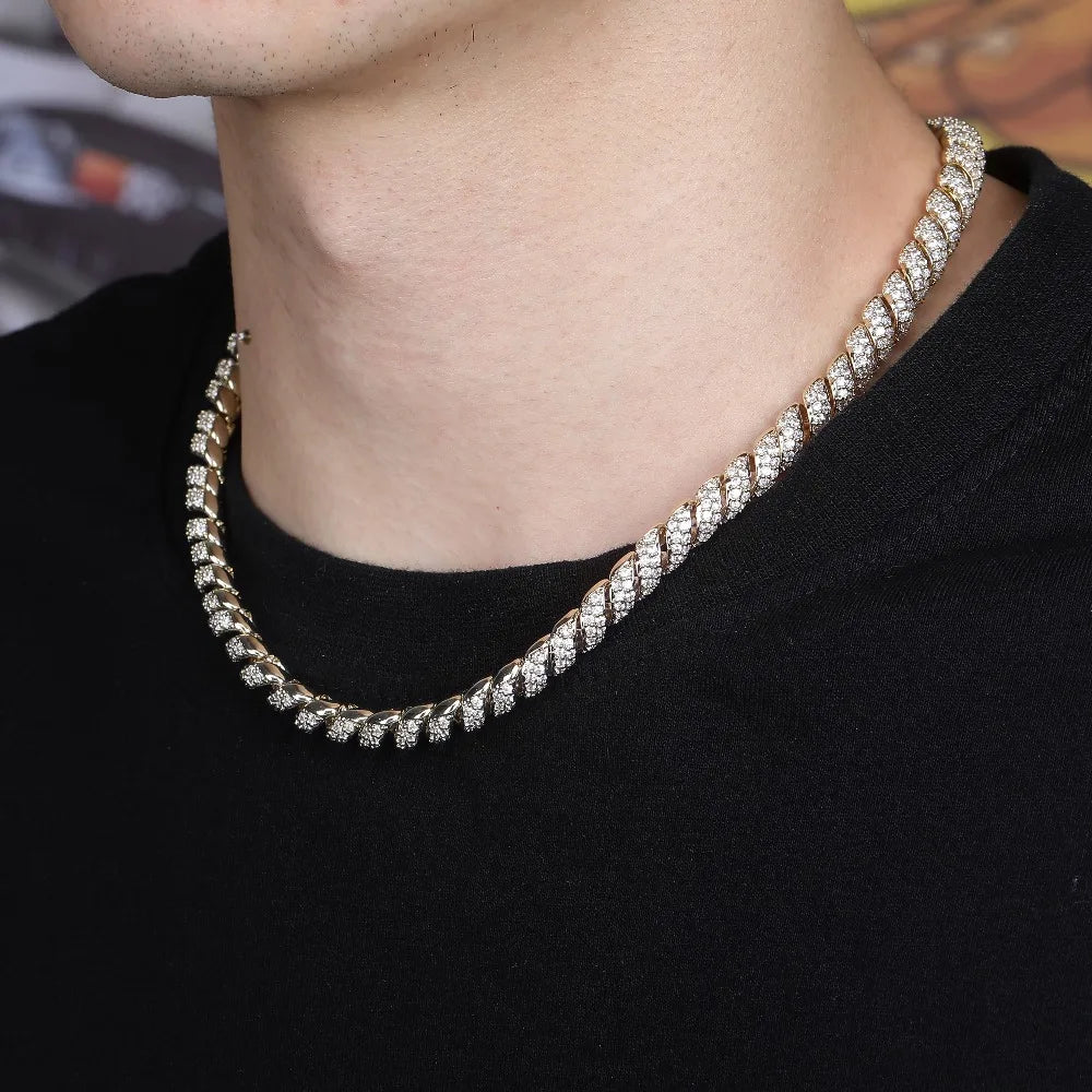 JINAO New Fashion10mm Gold Silver Color Columnar buckle twist chain  Plated Iced Out Cubic Zircon Cuban Links Men's Necklace