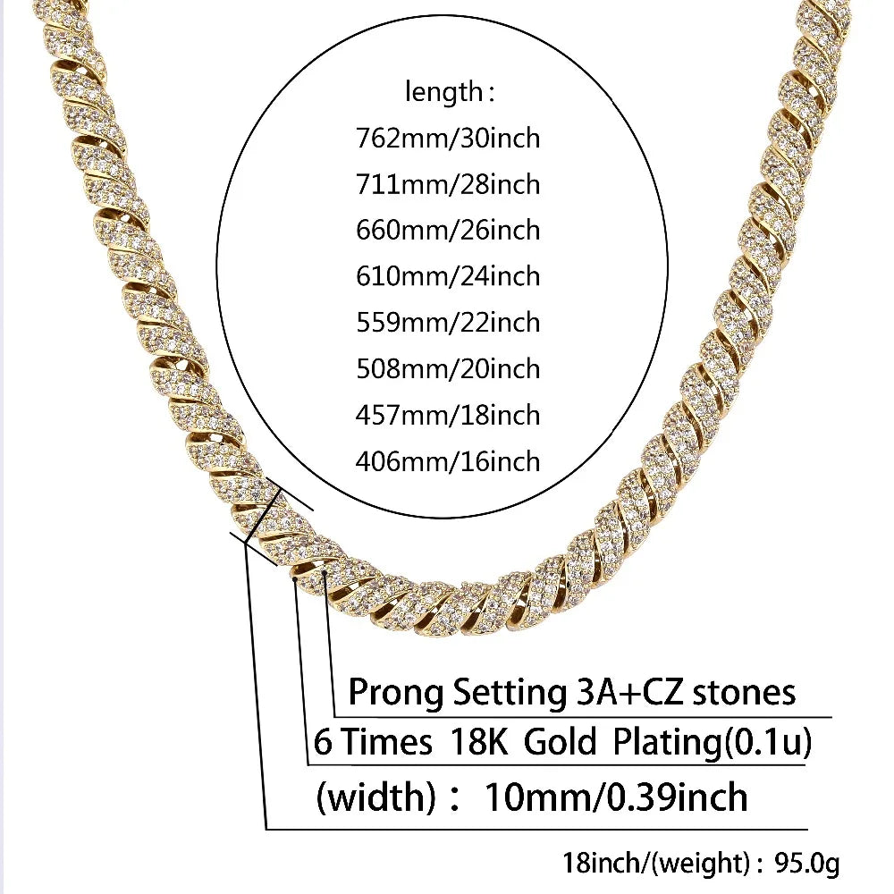 JINAO New Fashion10mm Gold Silver Color Columnar buckle twist chain  Plated Iced Out Cubic Zircon Cuban Links Men's Necklace
