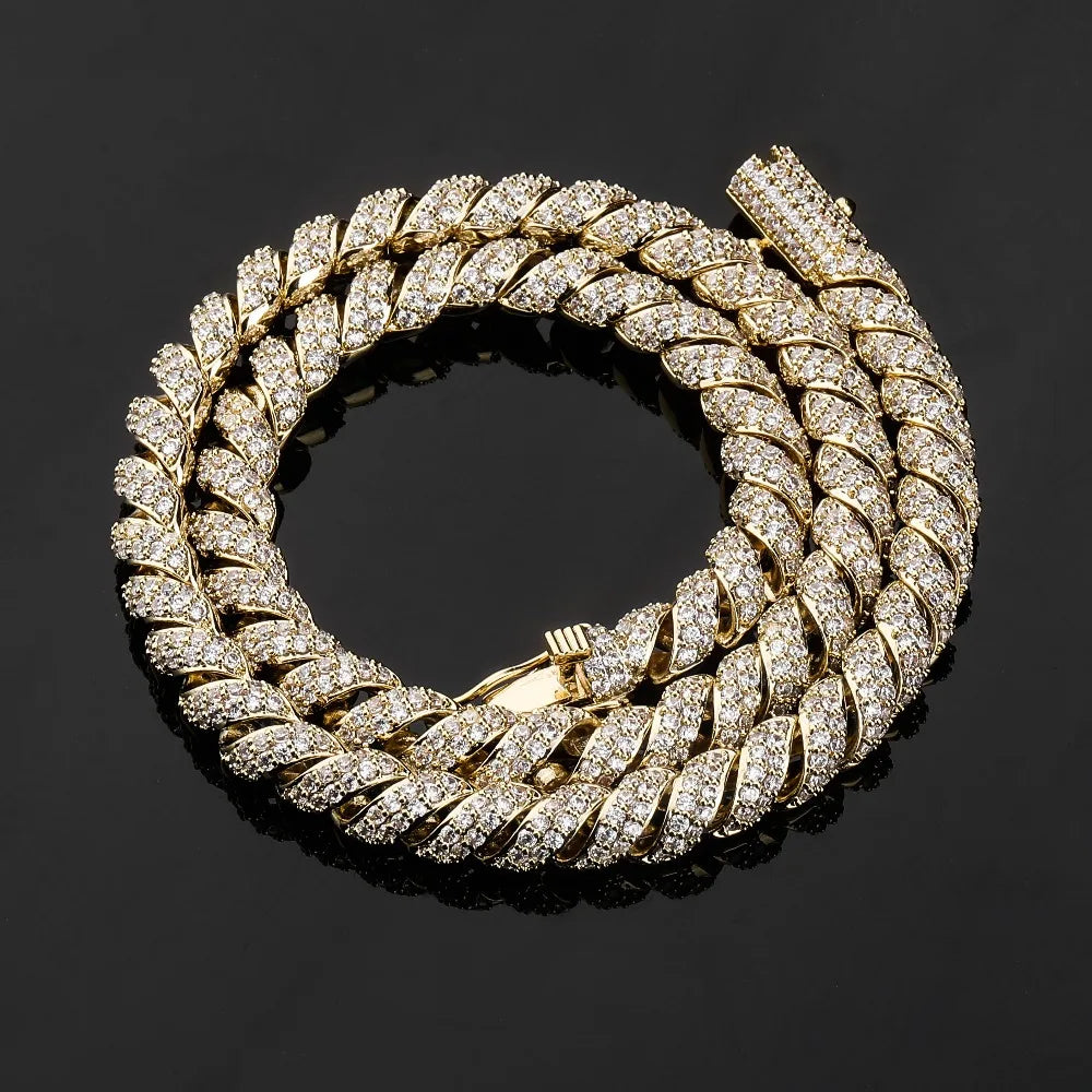 JINAO New Fashion10mm Gold Silver Color Columnar buckle twist chain  Plated Iced Out Cubic Zircon Cuban Links Men's Necklace
