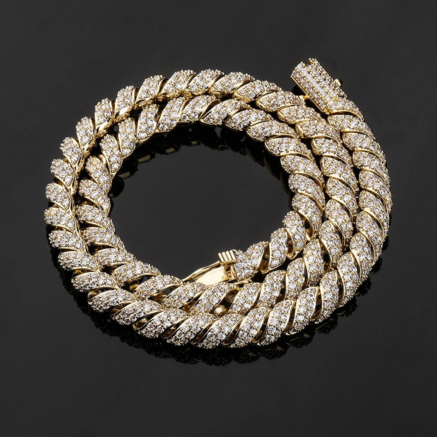 JINAO New Fashion10mm Gold Silver Color Columnar buckle twist chain  Plated Iced Out Cubic Zircon Cuban Links Men's Necklace