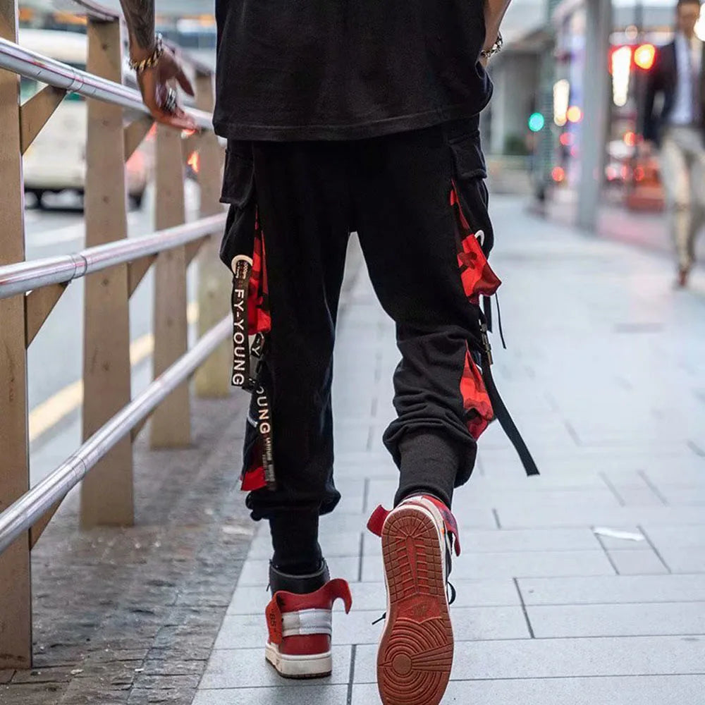 Joggers Cargo Pants for Men Casual Hip Hop Hit Color Pocket Male Trousers Sweatpants Streetwear Ribbons Techwear Pants