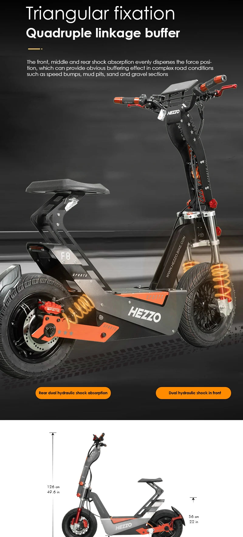 HEZZO F8 Electric Scooter 72V 100Km/h 50AH NFC 8000w Max 150Km Escooter 16INCH Fat Tire Off Road Moped Scooter US Warehouse