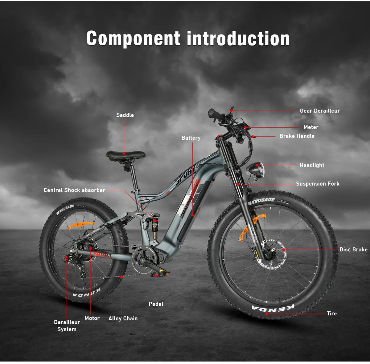 New Upgrade Mountain Style Moped 1000W 48V 17Ah Colorful Display 7 Speed Hydraulic Disc Brake Electric Mountain Bike