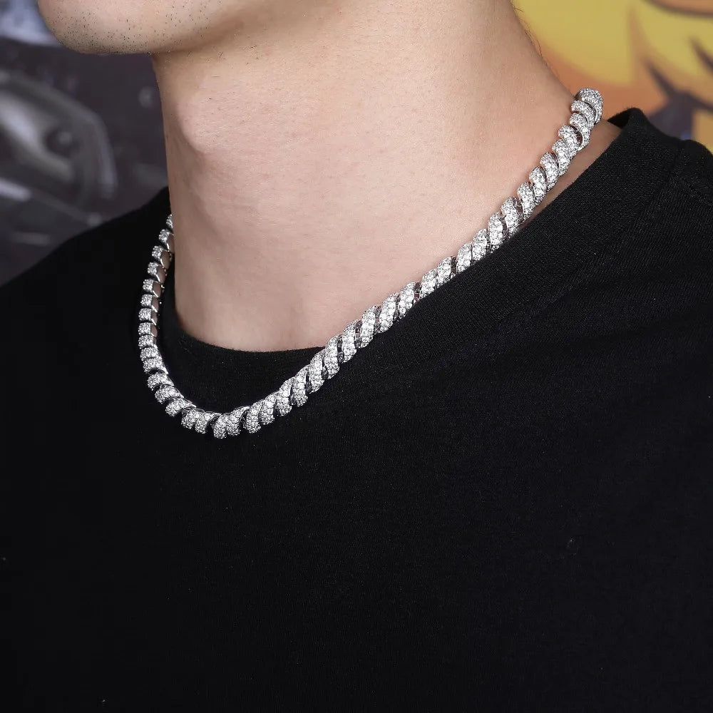 JINAO New Fashion10mm Gold Silver Color Columnar buckle twist chain  Plated Iced Out Cubic Zircon Cuban Links Men's Necklace