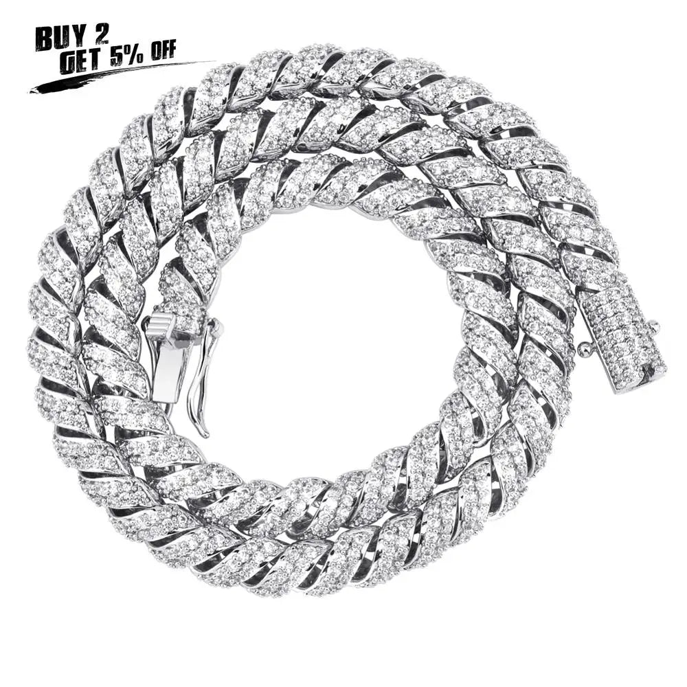 JINAO New Fashion10mm Gold Silver Color Columnar buckle twist chain  Plated Iced Out Cubic Zircon Cuban Links Men's Necklace