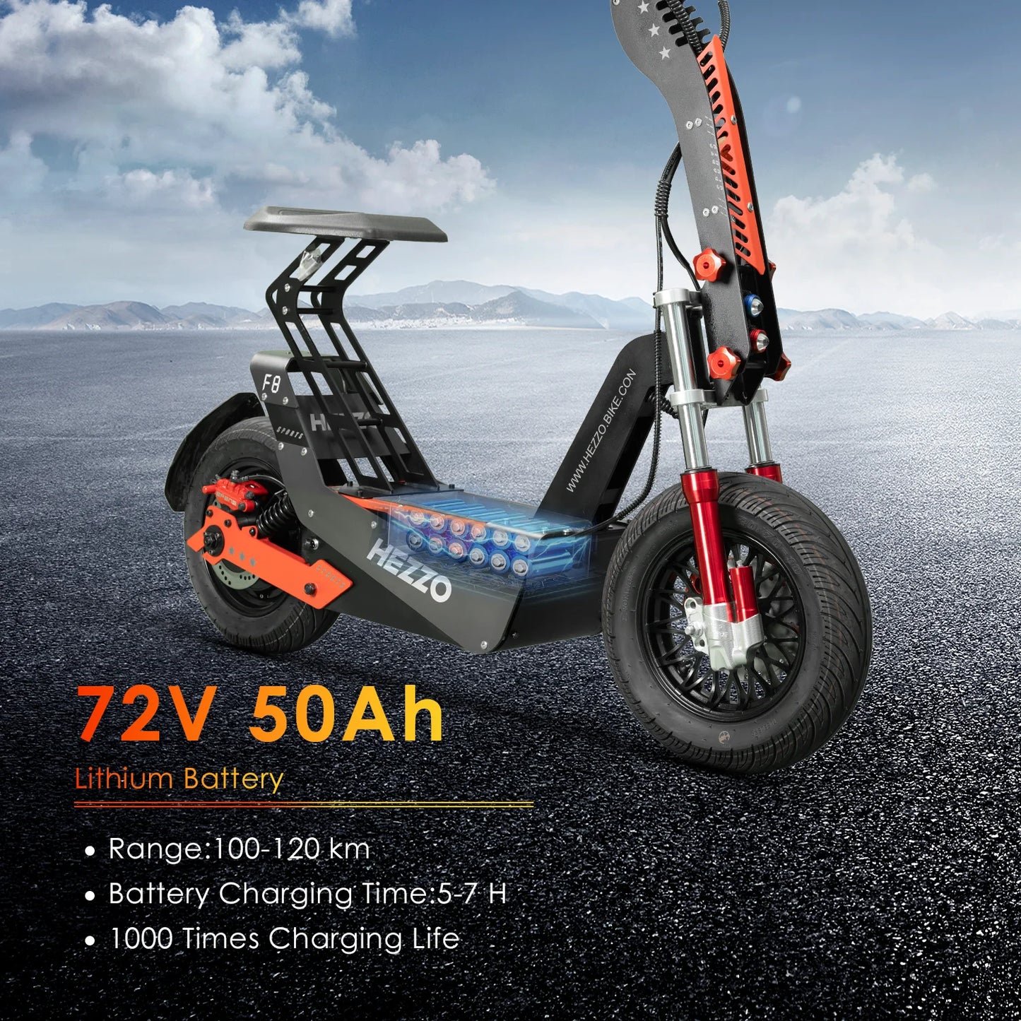HEZZO F8 Electric Scooter 72V 100Km/h 50AH NFC 8000w Max 150Km Escooter 16INCH Fat Tire Off Road Moped Scooter US Warehouse