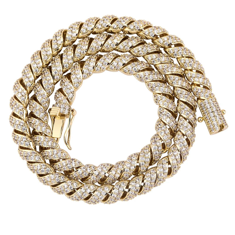 JINAO New Fashion10mm Gold Silver Color Columnar buckle twist chain  Plated Iced Out Cubic Zircon Cuban Links Men's Necklace