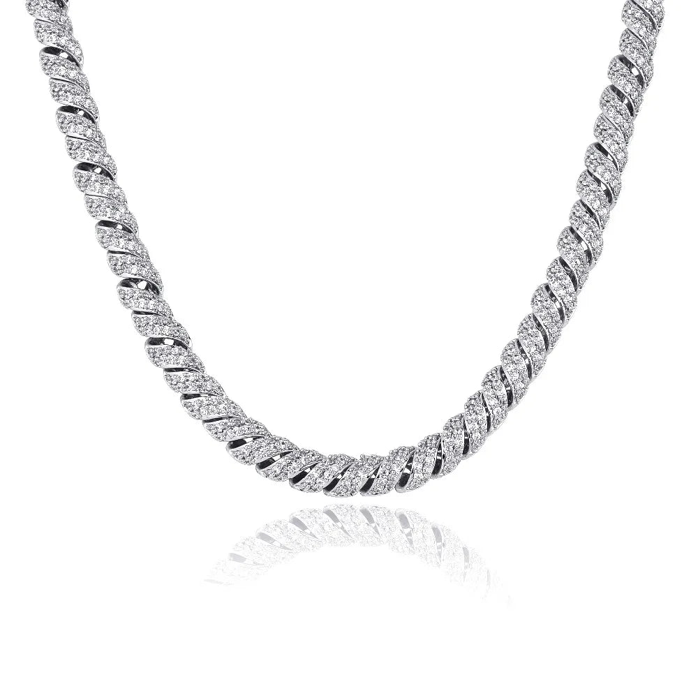 JINAO New Fashion10mm Gold Silver Color Columnar buckle twist chain  Plated Iced Out Cubic Zircon Cuban Links Men's Necklace