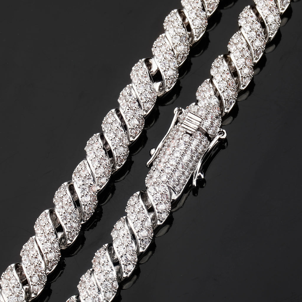 JINAO New Fashion10mm Gold Silver Color Columnar buckle twist chain  Plated Iced Out Cubic Zircon Cuban Links Men's Necklace