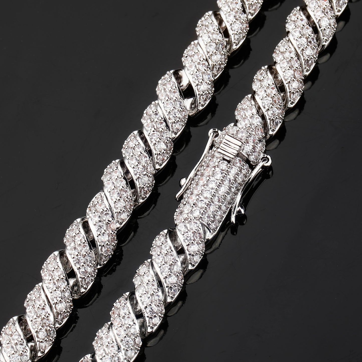 JINAO New Fashion10mm Gold Silver Color Columnar buckle twist chain  Plated Iced Out Cubic Zircon Cuban Links Men's Necklace