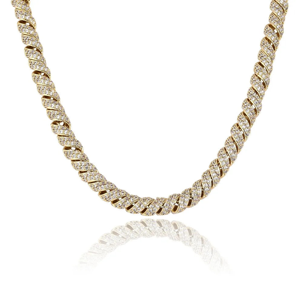 JINAO New Fashion10mm Gold Silver Color Columnar buckle twist chain  Plated Iced Out Cubic Zircon Cuban Links Men's Necklace