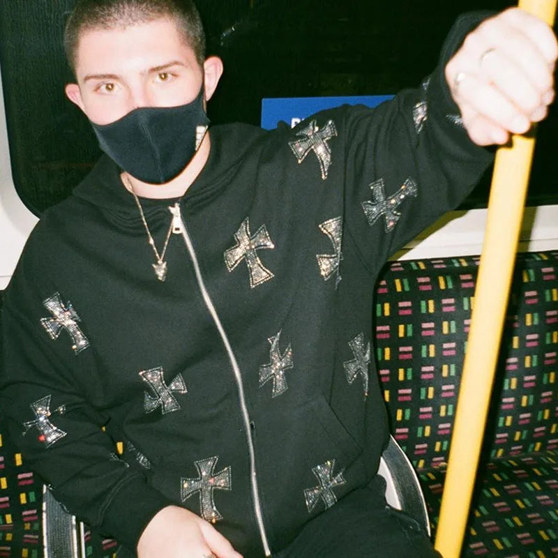 Gothic Long Sleeve Rhinestone Skeleton Hoodie Y2k Jacket Men Hoodies Oversized Full Zip Hoodie Goth Sweatshirt Sport Coat Autumn