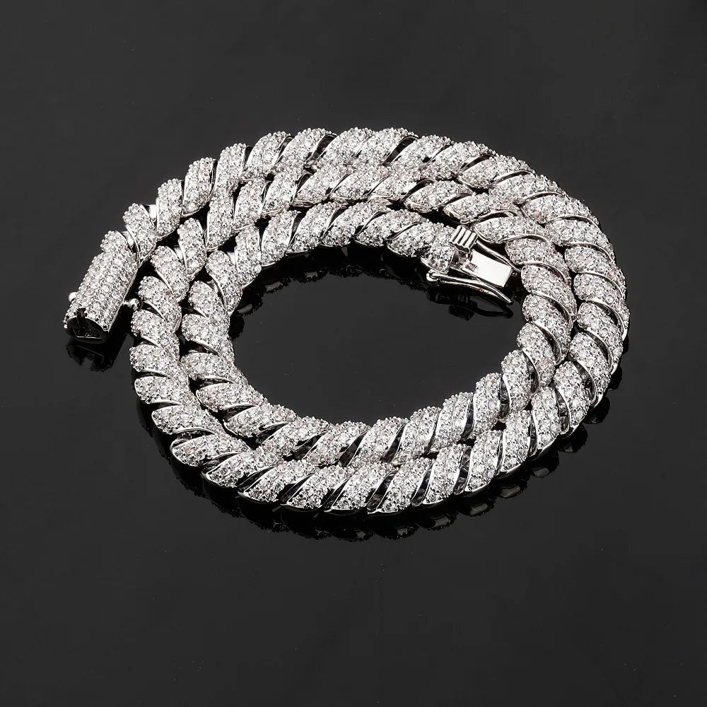 JINAO New Fashion10mm Gold Silver Color Columnar buckle twist chain  Plated Iced Out Cubic Zircon Cuban Links Men's Necklace