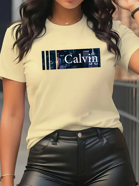 Summer women's fashionable casual loose Calvin letter pattern printed round neck short sleeved comfortable T-shirt top