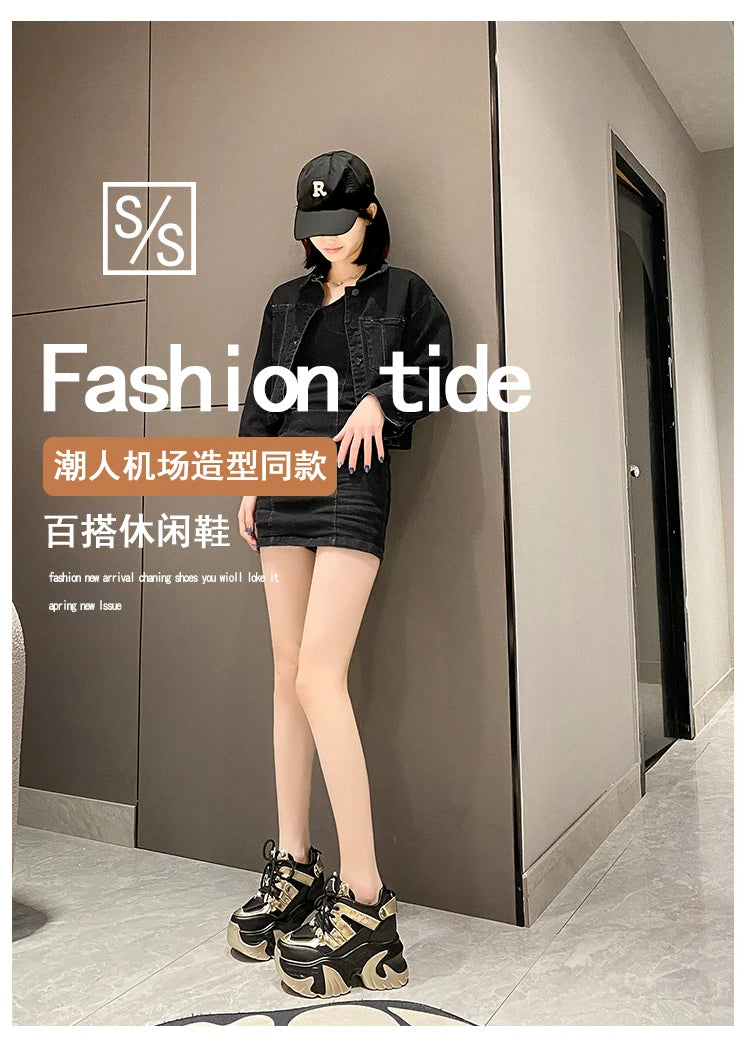 10CM New 2024 Spring Women Chunky Sneakers Heels Lace-up High Platform Sports Shoes Woman Breathable Mesh Shoes Leather Sneakers