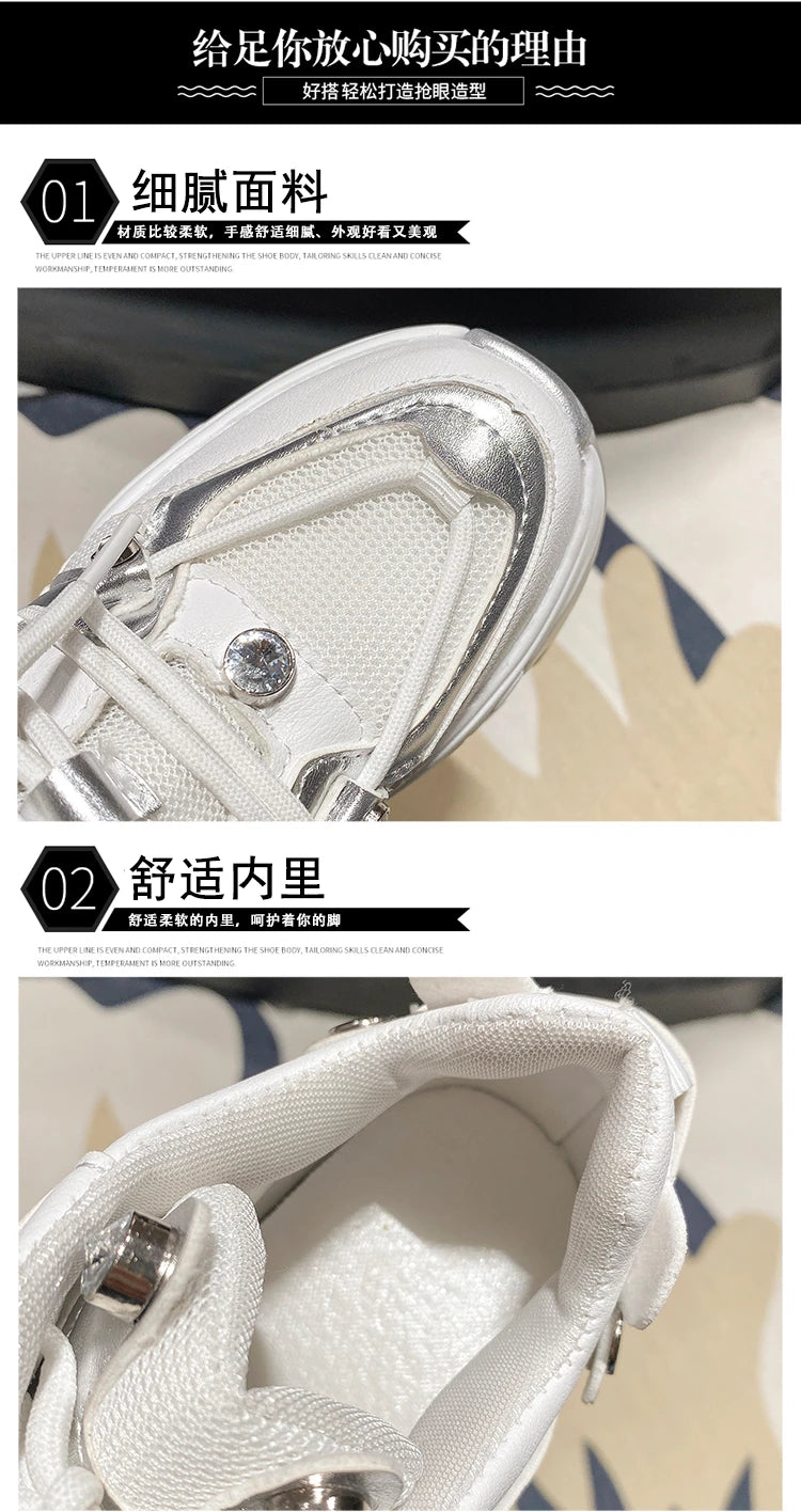 10CM New 2024 Spring Women Chunky Sneakers Heels Lace-up High Platform Sports Shoes Woman Breathable Mesh Shoes Leather Sneakers