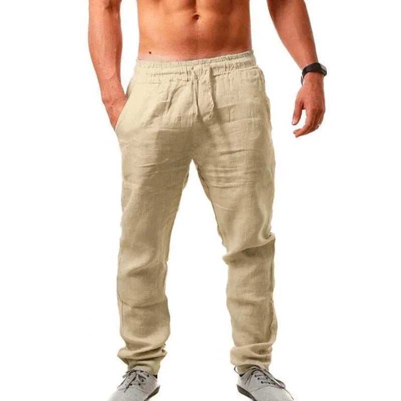 Sports pants new spring/summer fashion brand men's hip-hop breathable cotton linen solid color simple drawstring wide leg pants