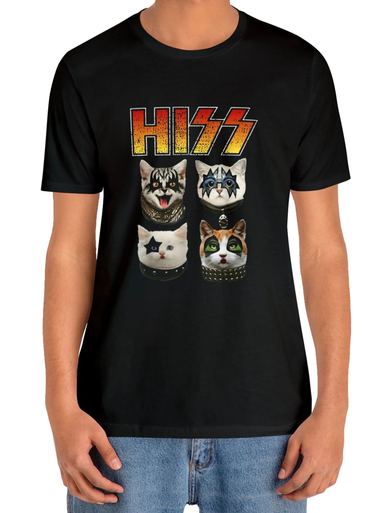 Men's Cat Pattern Cotton T-Shirt - KISS Rock Band Inspired Design