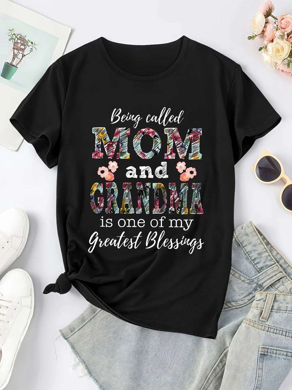 Casual Short Sleeve Chic Letter Print T-Shirt - Crew Neck Top for Women - Spring/Summer Collection MOM & GRANDMA