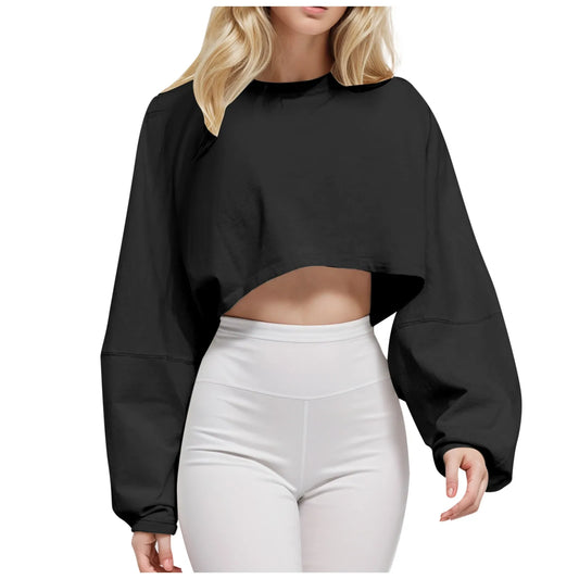 New Fashion Cropped Top Women'S Crew Neck Loose Short Sport Base T Shirt Long Sleeve Plus Size Blouse Womens Streetwear Fitted