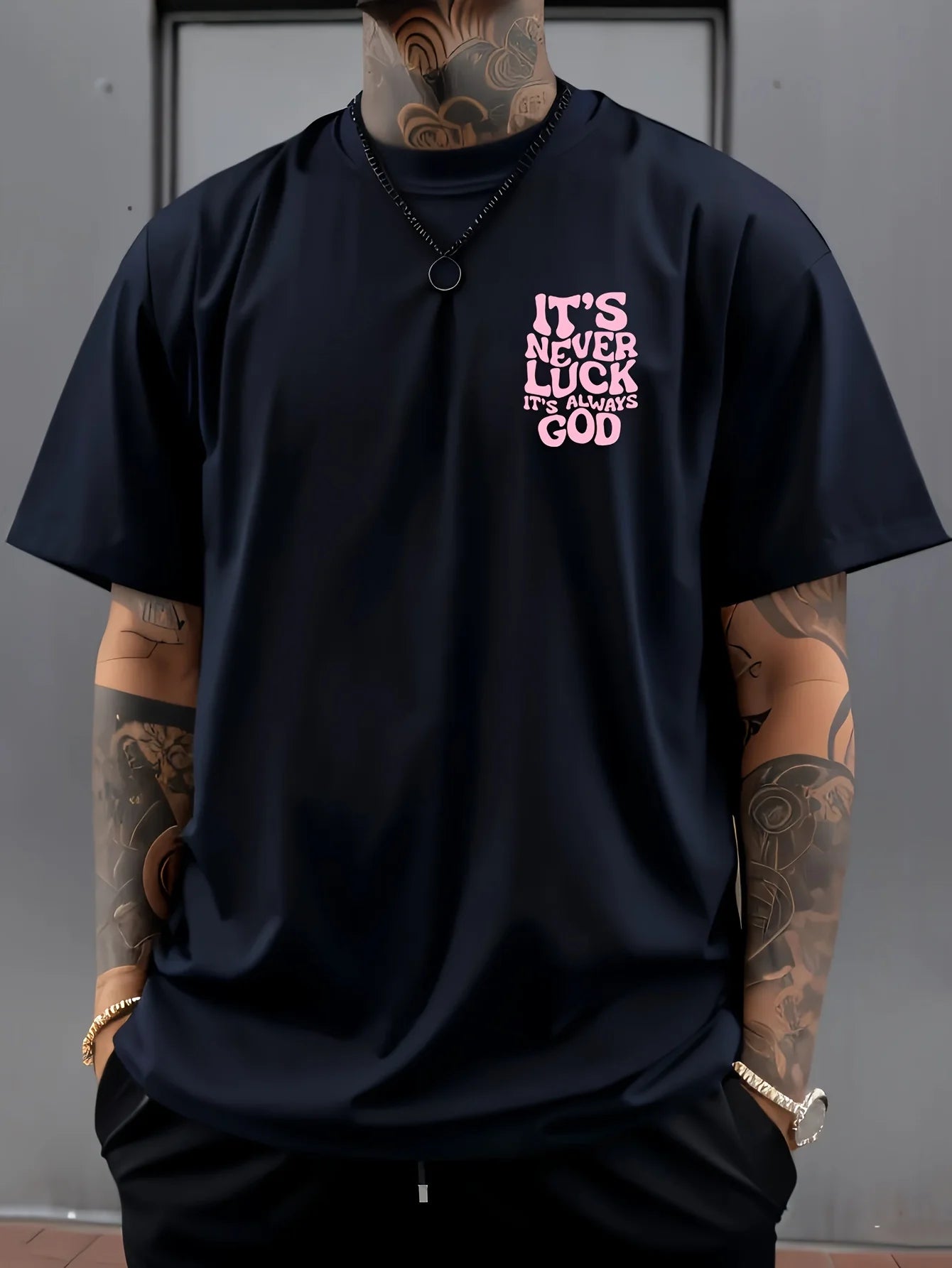 Fashionable Summer Men's God Luck Printed Comfortable Breathable Round Neck T-shirt Outdoor High Street Top