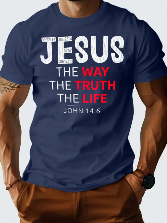 T Shirt For Man 100% Cotton Summer Jesus The Way The Truth The Life Print Casual Slim Fit Round Neck Short Sleeved T-shirt Top