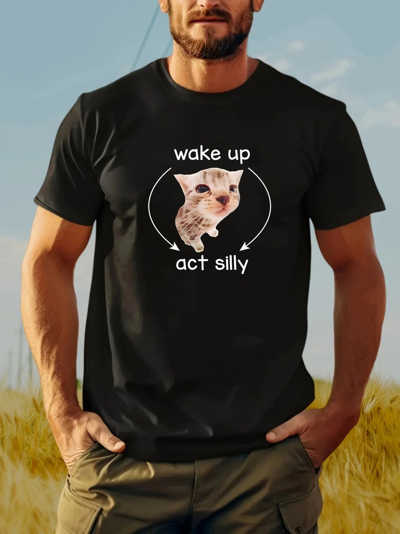 Men's "WAKE UP ACT SILLY" Cat Graphic T-Shirt - 100% Cotton, Short Sleeve, Round Neck